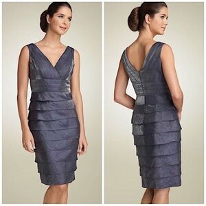 Adrianna Papell Blue Satin Shutter Pleat Tiered Layered Sheath Dress 4